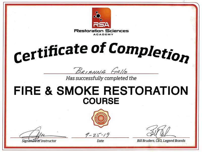 Brianna Gallo Cert Fire & Smoke Bulovas Restoration